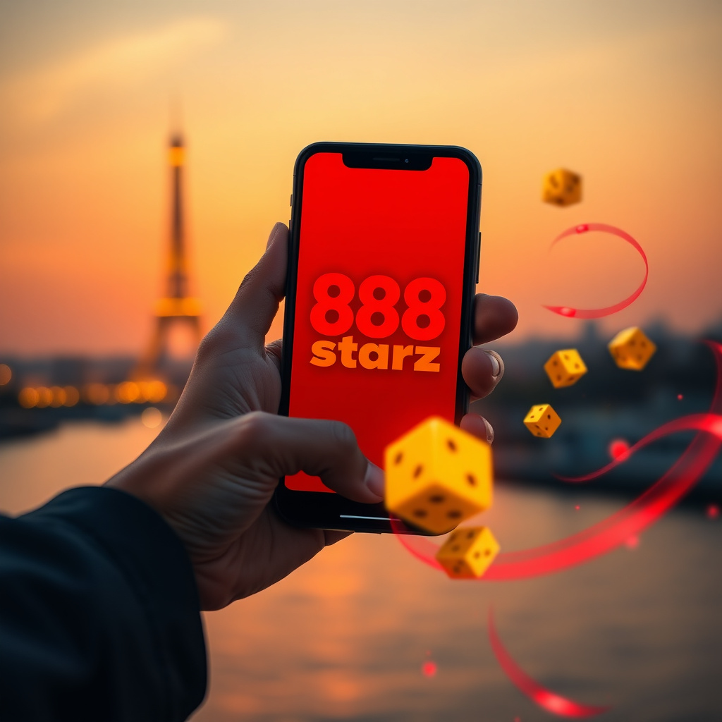 A hand holding a luxury smartphone showing the 888starz official app in red and black, background is the Cairo Tower and the Nile River at sunset with golden and red bokeh lights, 3D golden dice and red energy trails floating around, professional gambling
